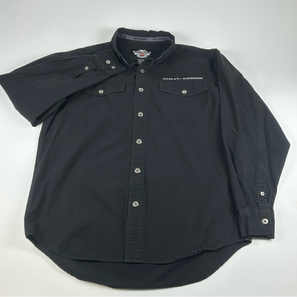 Harley Davidson Men’s SZ M Button Shirt Black Embroidered Eagle USA Y2K Biker - Picture 2 of 7